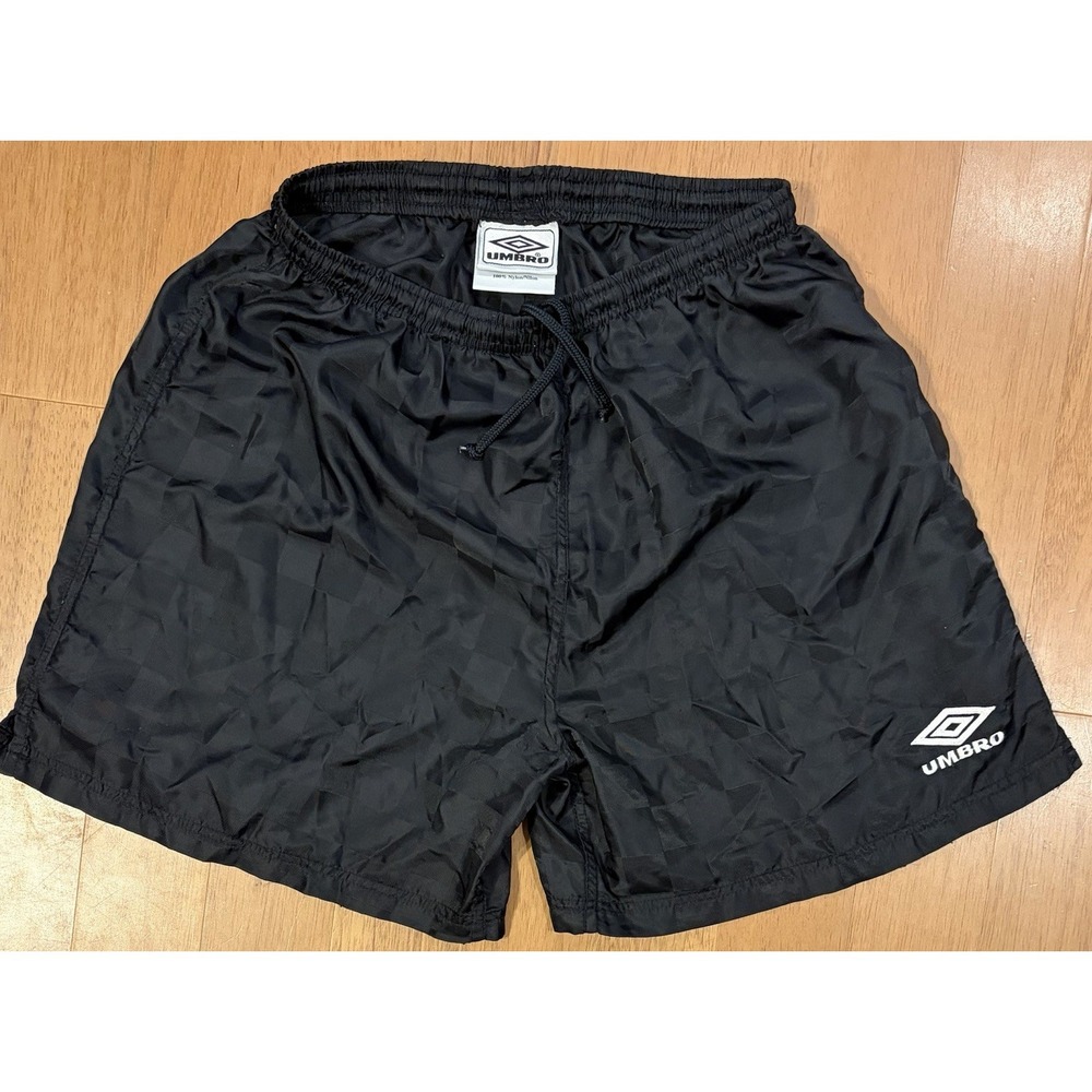 Vintage Umbro Shorts Mens L Black Check Drawstring 90s Satin Soccer Retro